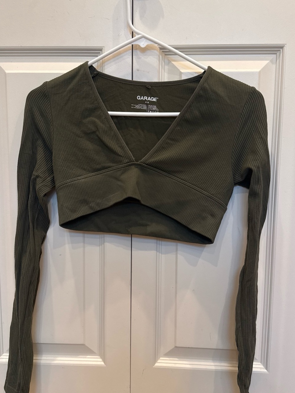 Garage Olive Ribbed V-Neck Long Sleeve Crop Top